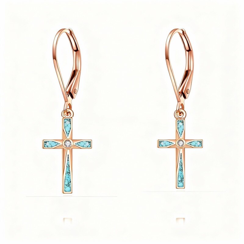 Pendientes colgantes de cruz de turquesa en oro rosa de 10 quilates-1