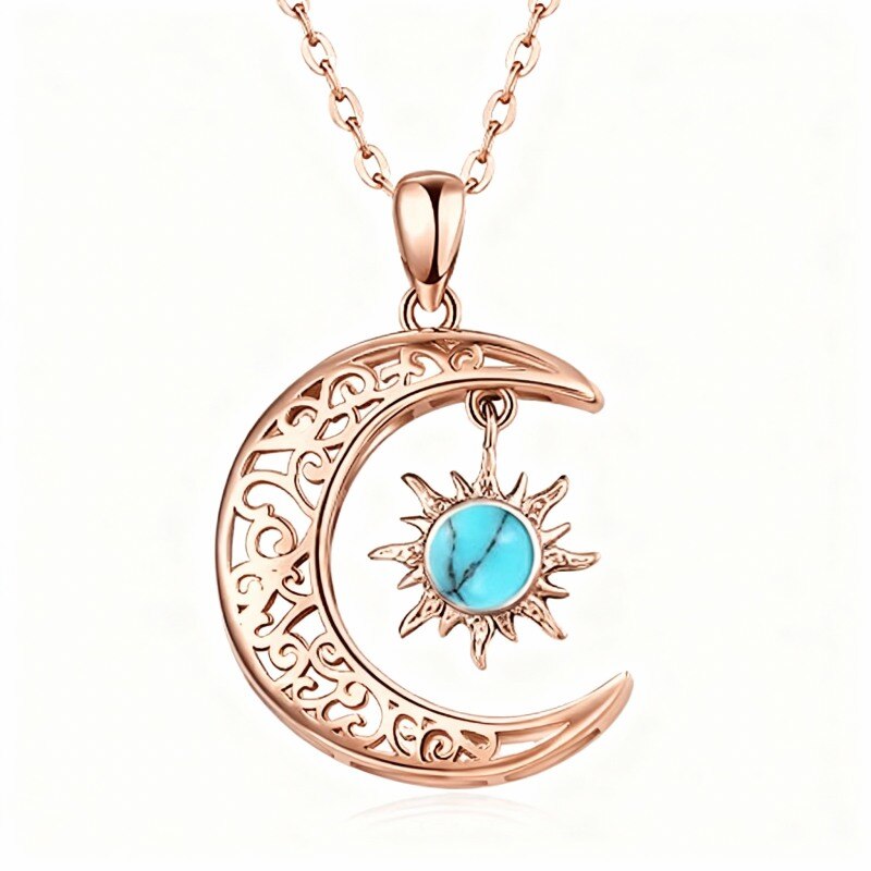 10K Rose Gold Turquoise Moon & Sun Pendant Necklace-17