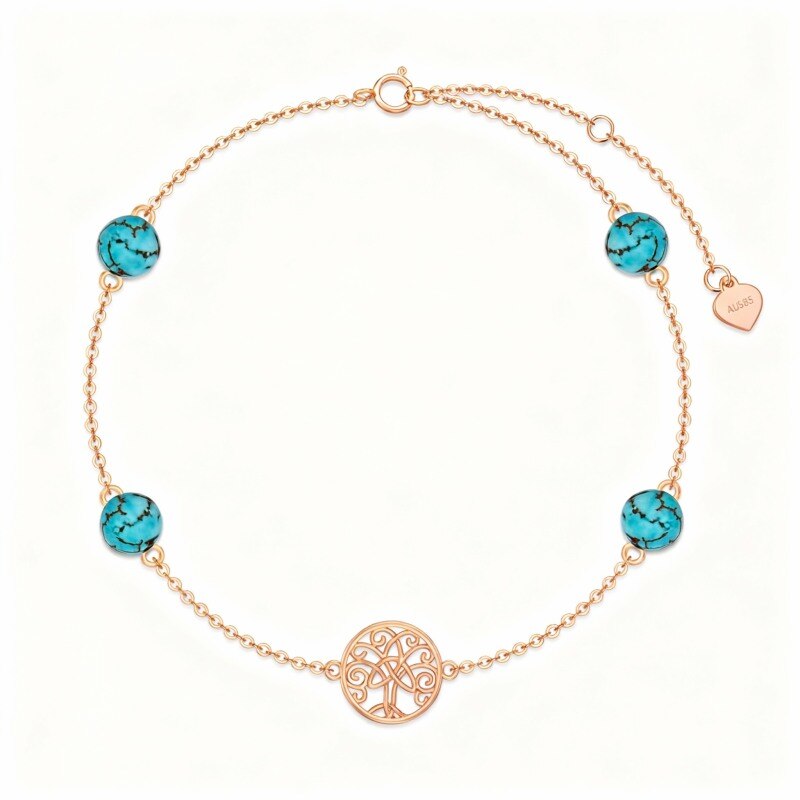 18K Rose Gold Turquoise Tree Of Life Charm Bracelet-1