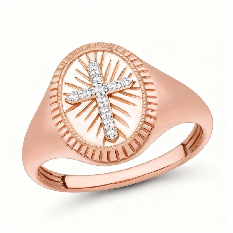 Anillo sello personalizado de oro rosa de 18 quilates con diamante talla redonda de menos de 0,25 quilates, color I, claridad I2, pureza 3EX.-1
