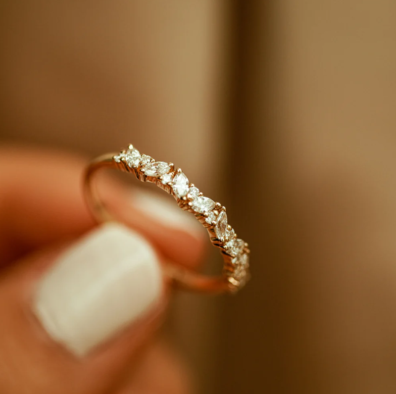 14K Gold Slanted Marquise and Round Diamond Ring-3