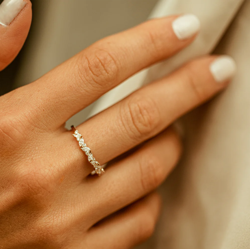 14K Gold Slanted Marquise and Round Diamond Ring-4
