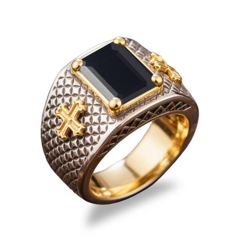 10K Silver Oxide & Gold Emerald Cut Onyx Cross Signet Ring for Men-1