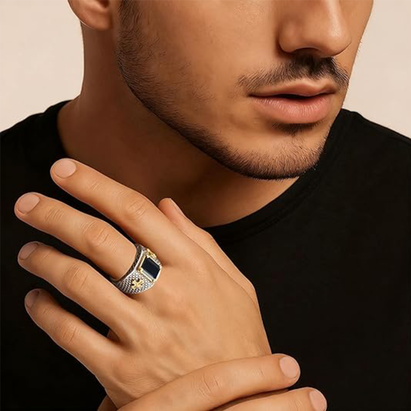 18K Silver Oxide & Gold Emerald Cut Onyx Cross Signet Ring for Men-3