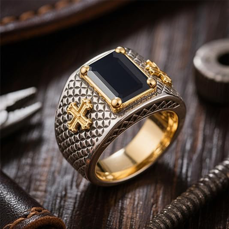 18K Silver Oxide & Gold Emerald Cut Onyx Cross Signet Ring for Men-4