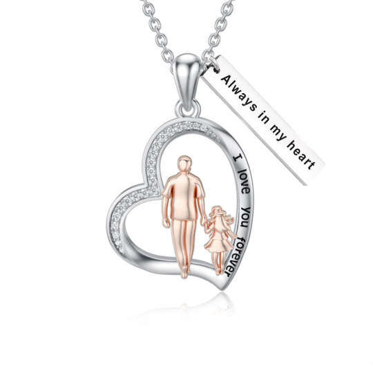 14-Karat-Silber- und Roségold-Zirkonia gravierbare Herzen-Anhänger-Halskette für Vater und Tochter