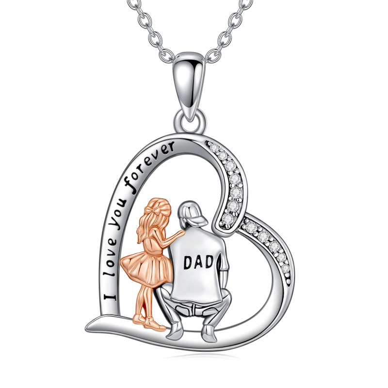 14K Silver & Rose Gold Cubic Zirconia Engravable & Father & Daughter Pendant Necklace-1