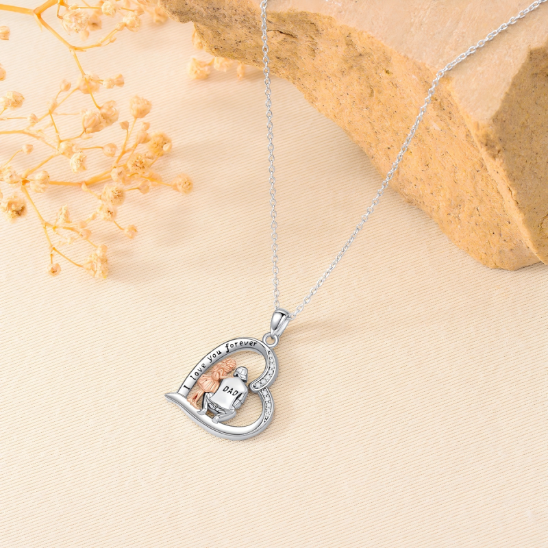 14K Silver & Rose Gold Cubic Zirconia Engravable & Father & Daughter Pendant Necklace-3