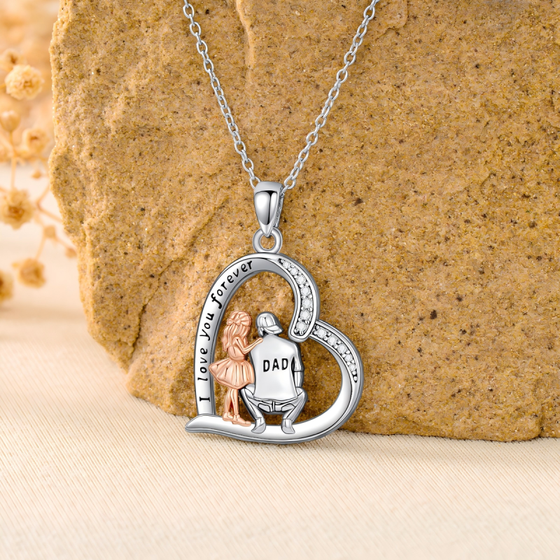 14K Silver & Rose Gold Cubic Zirconia Engravable & Father & Daughter Pendant Necklace-4