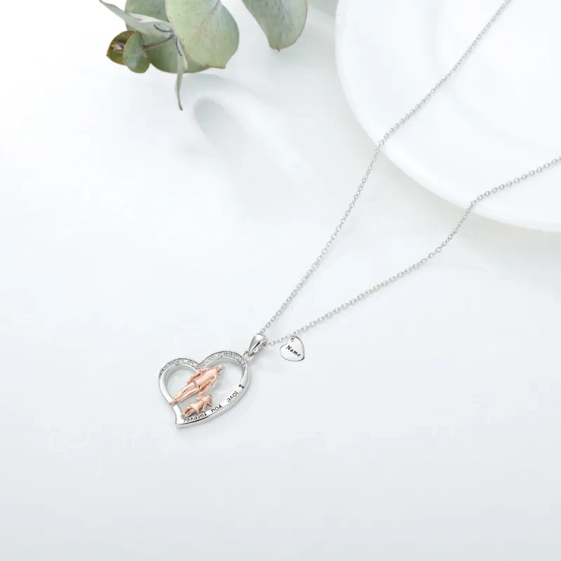 10K Silver & Rose Gold Cubic Zirconia Engravable & Father & Daughter Pendant Necklace with Engraved Word-3
