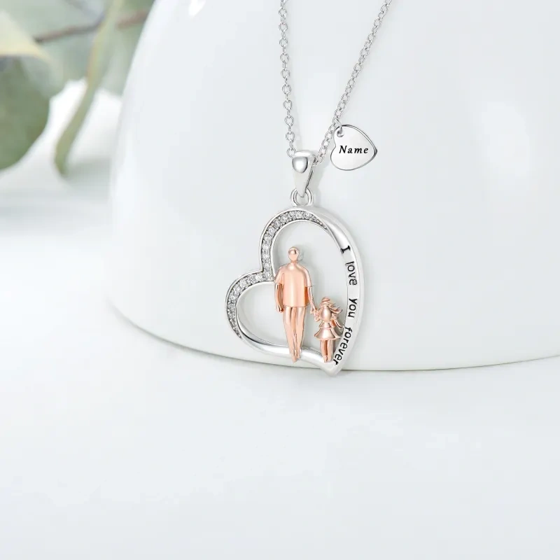 10K Silver & Rose Gold Cubic Zirconia Engravable & Father & Daughter Pendant Necklace with Engraved Word-4