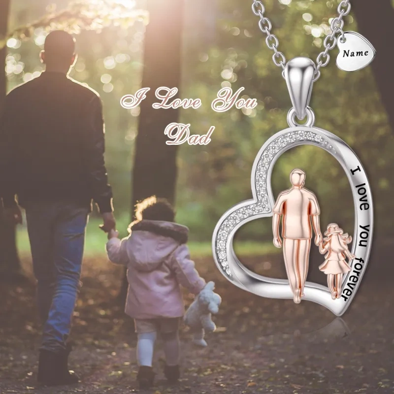 10K Silver & Rose Gold Cubic Zirconia Engravable & Father & Daughter Pendant Necklace with Engraved Word-5