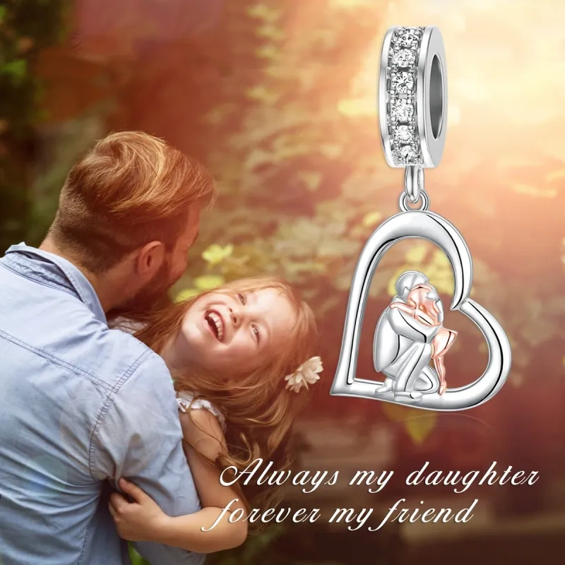 18K Silver & Rose Gold Cubic Zirconia Father & Daughter Dangle Charm-4