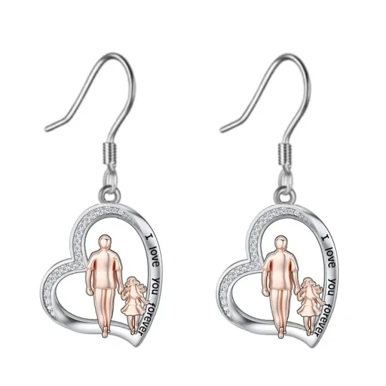 Boucles d'oreilles pendantes en argent 10K et or rose avec zircon cubique, pour père et fille, ornées d'un mot gravé