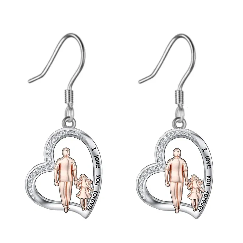 Pendientes colgantes de plata 10K y oro rosa con circonitas cúbicas, para padre e hija, con palabra grabada-10