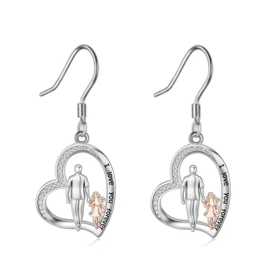 Boucles d'oreilles pendantes en argent 10K et or rose avec zircon cubique, pour père et fille, ornées d'un mot gravé
