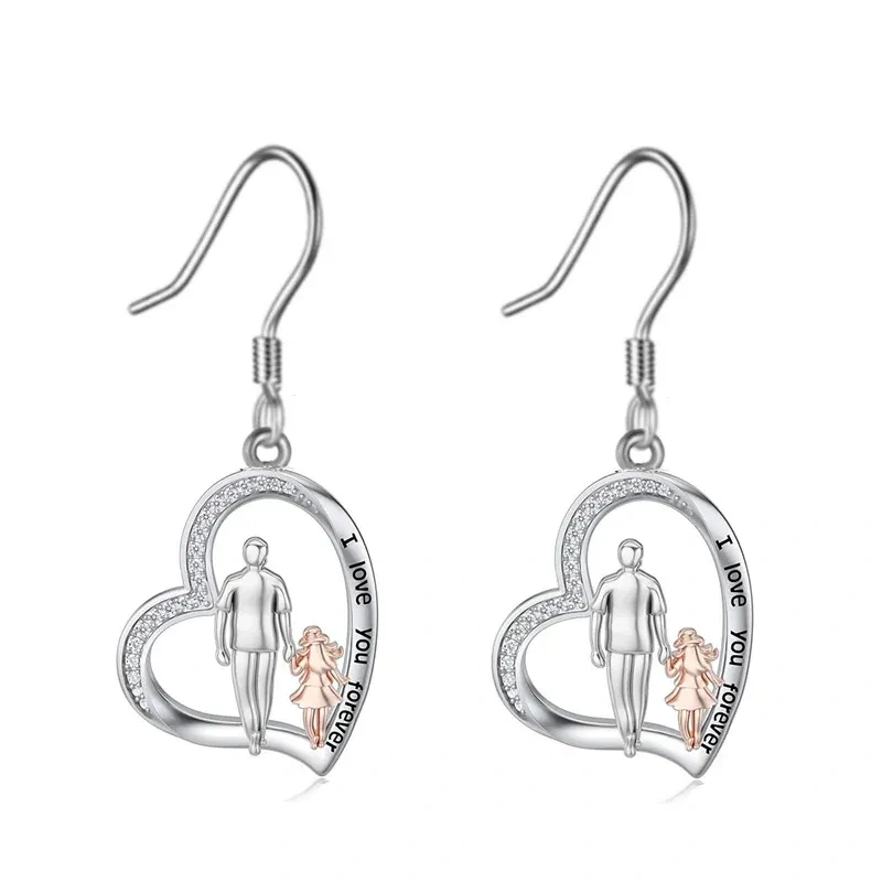Pendientes colgantes de plata 10K y oro rosa con circonia cúbica para padre e hija, con palabra grabada-16
