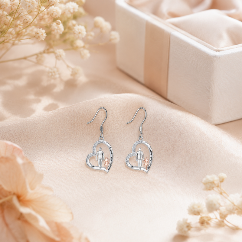 14K Silver & Rose Gold Cubic Zirconia Father & Daughter Drop Earrings with Engraved Word-3