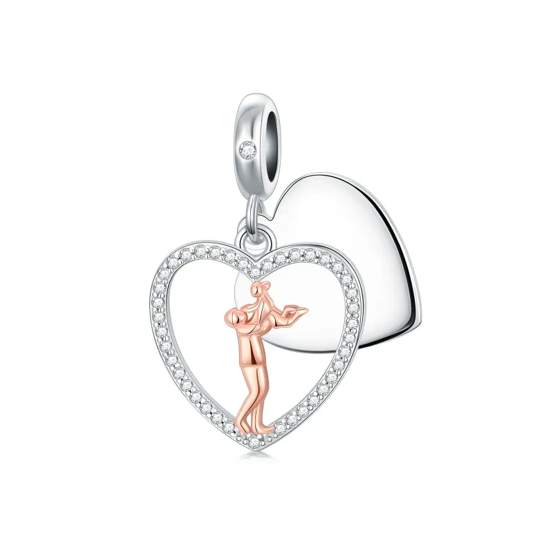 Breloque pendante en argent 14K et or rose avec zirconium cubique, représentant un père, une fille et un cœur-1