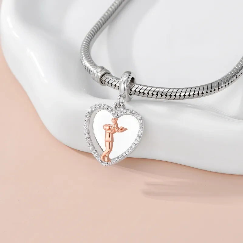 Breloque pendante en argent 14K et or rose avec zirconium cubique, représentant un père, une fille et un cœur-3