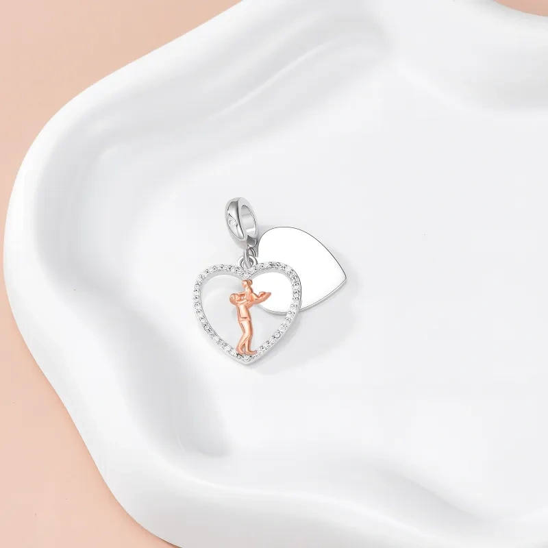 Breloque pendante en argent 14K et or rose avec zirconium cubique, représentant un père, une fille et un cœur-4