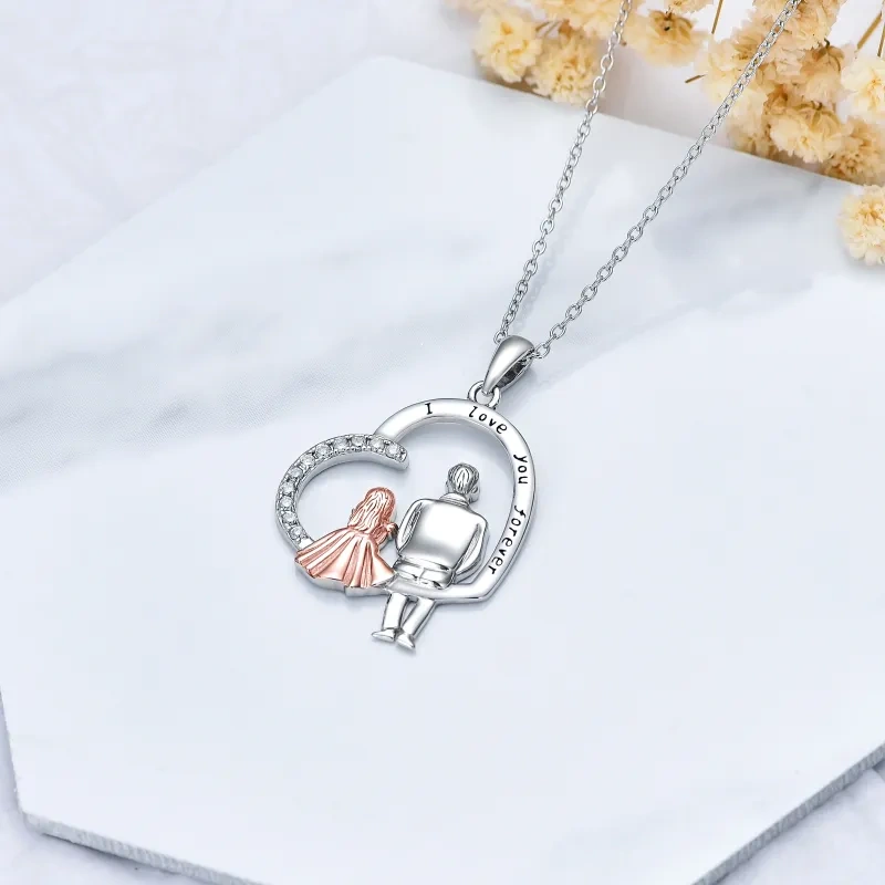 14K Silver & Rose Gold Cubic Zirconia Father & Daughter & Heart Pendant Necklace-3