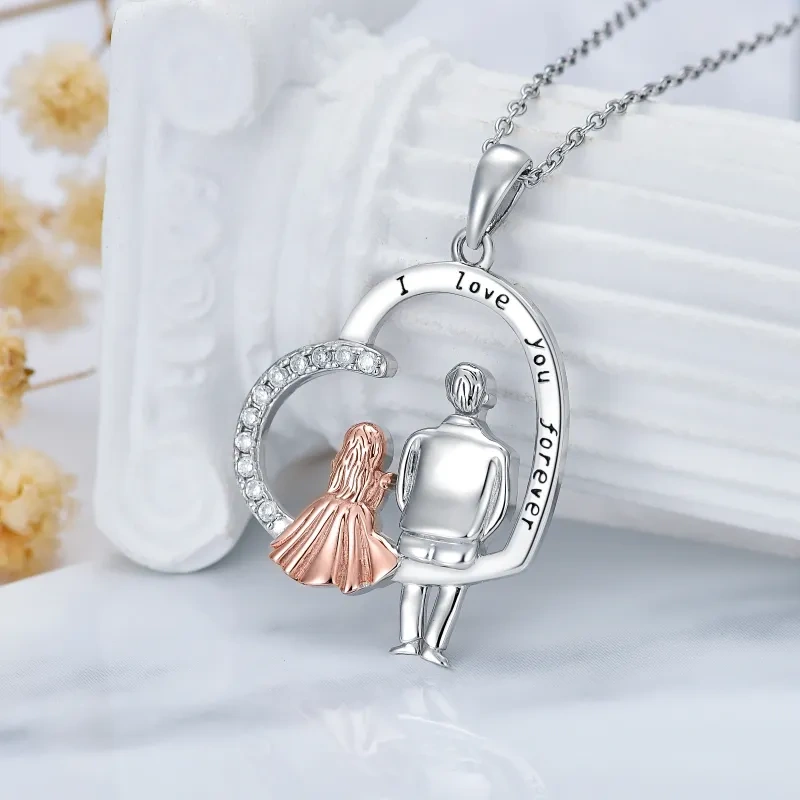 14K Silver & Rose Gold Cubic Zirconia Father & Daughter & Heart Pendant Necklace-4