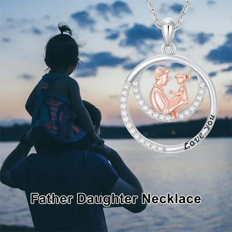 10K Silver & Rose Gold Cubic Zirconia Father & Daughter Pendant Necklace-5