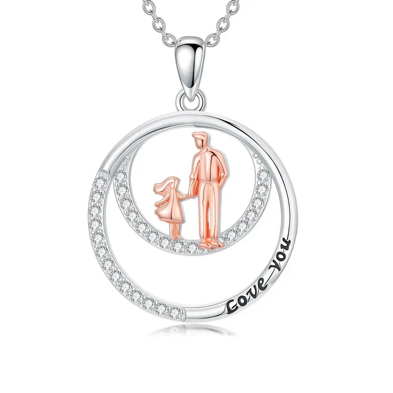 Collar con colgante para padre e hija de plata 10K y circonia cúbica en oro rosa-13