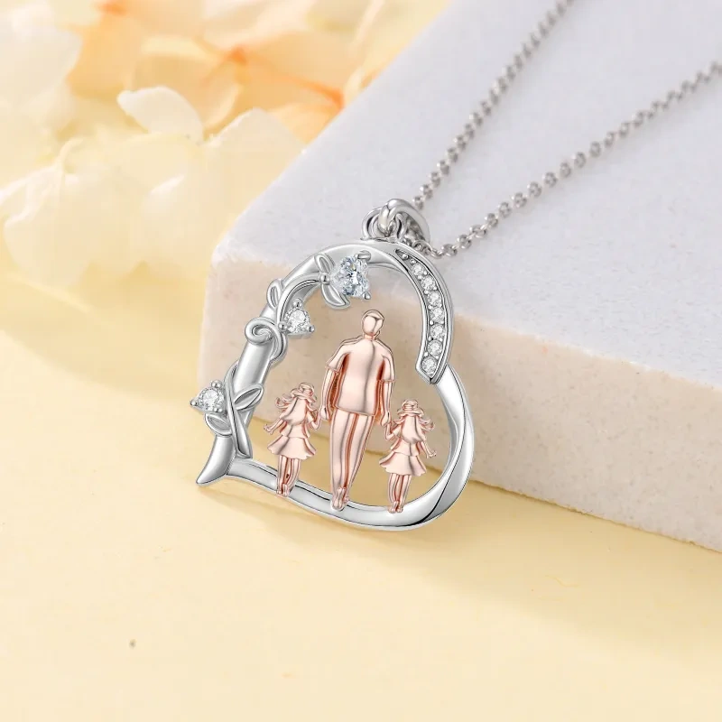 10K Silver & Rose Gold Cubic Zirconia Father & Daughter Pendant Necklace-3