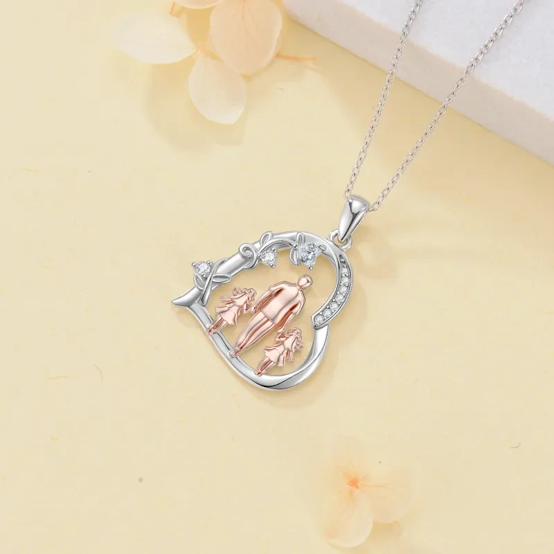 10K Silver & Rose Gold Cubic Zirconia Father & Daughter Pendant Necklace-4