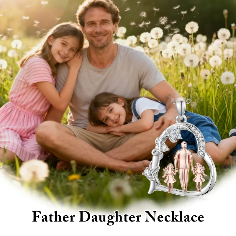 10K Silver & Rose Gold Cubic Zirconia Father & Daughter Pendant Necklace-5