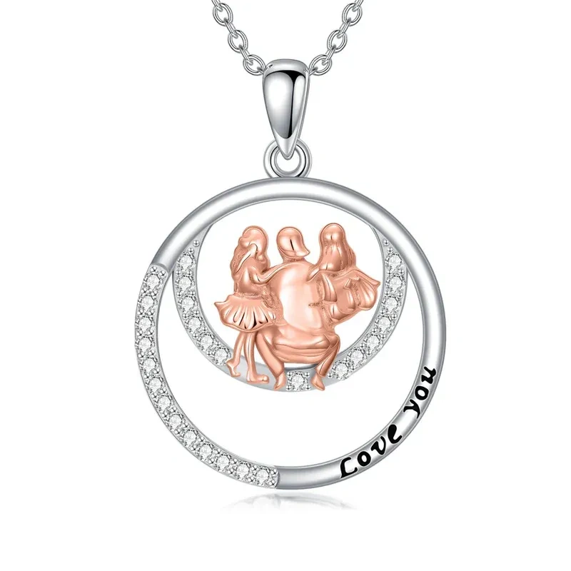 Collar con colgante de padre y dos hijas, en plata de 14 quilates y circonio cúbico en oro rosa-9