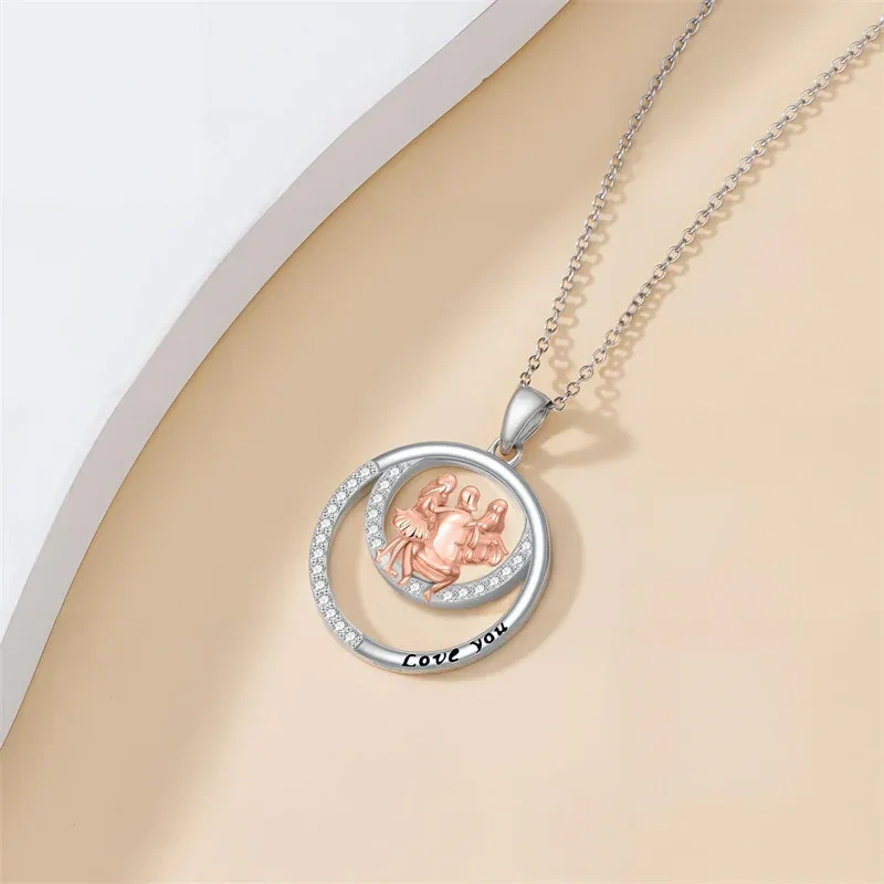 18K Silver & Rose Gold Cubic Zirconia Father & Two Daughter Pendant Necklace-3