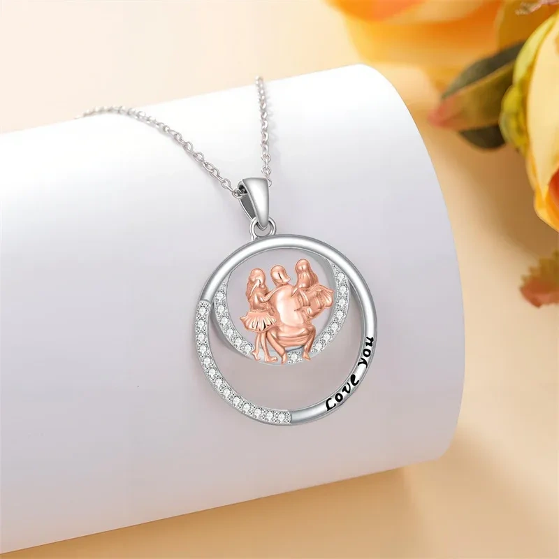 18K Silver & Rose Gold Cubic Zirconia Father & Two Daughter Pendant Necklace-4