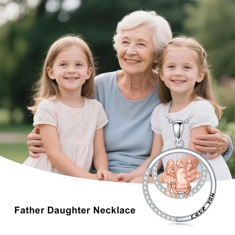 18K Silver & Rose Gold Cubic Zirconia Father & Two Daughter Pendant Necklace-5