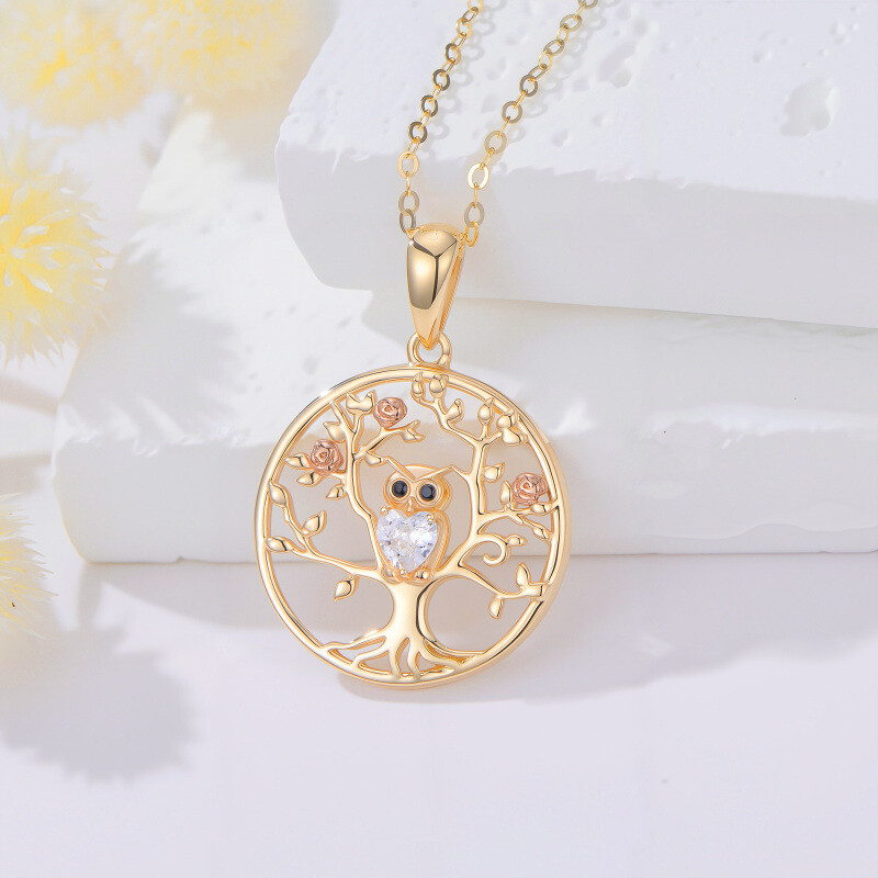 Collar con colgante de búho y árbol de la vida en plata de 14 quilates, oro rosa y circonitas cúbicas-3