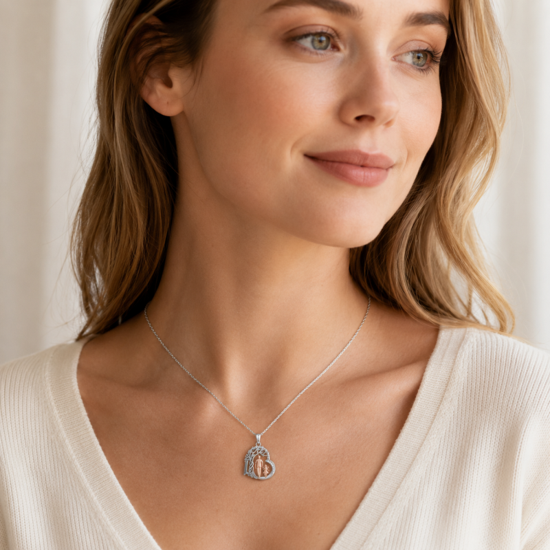 14K Silver & Rose Gold Cubic Zirconia Tree Of Life & Father & Daughter Pendant Necklace-2