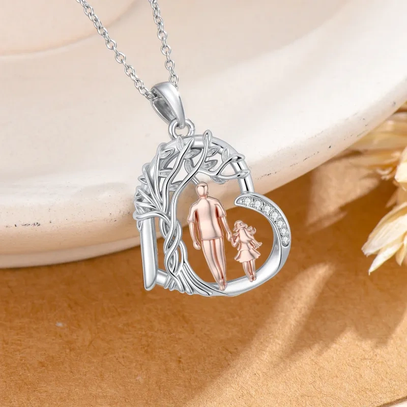 14K Silver & Rose Gold Cubic Zirconia Tree Of Life & Father & Daughter Pendant Necklace-3