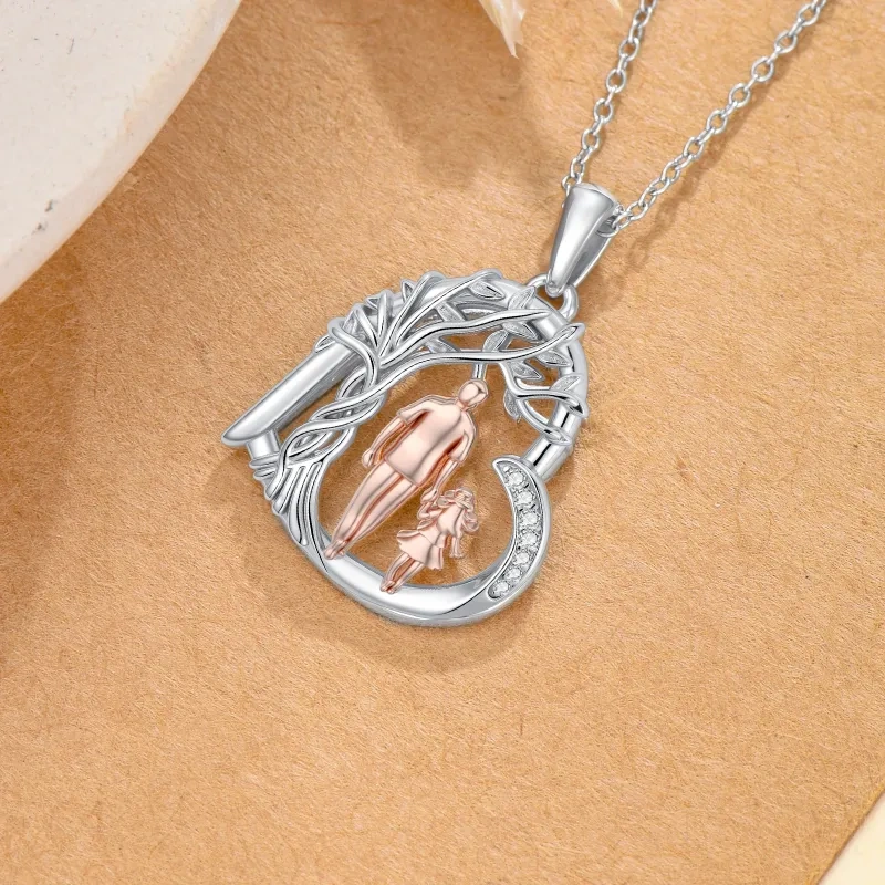 14K Silver & Rose Gold Cubic Zirconia Tree Of Life & Father & Daughter Pendant Necklace-4