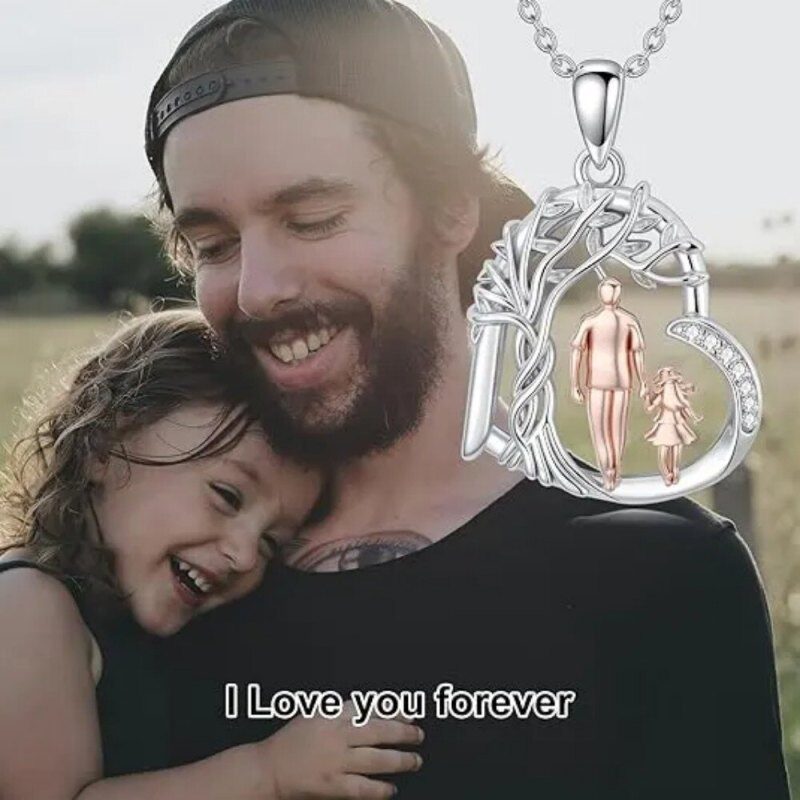 14K Silver & Rose Gold Cubic Zirconia Tree Of Life & Father & Daughter Pendant Necklace-5