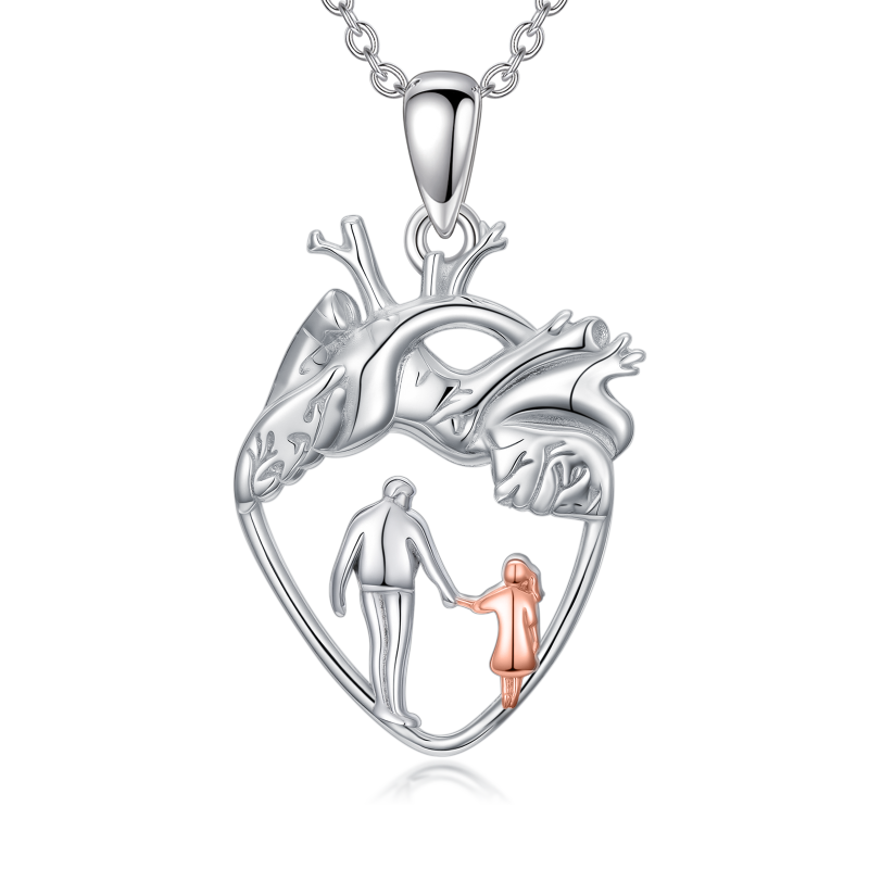 14K Silver & Rose Gold Father & Daughter & Heart Pendant Necklace-1