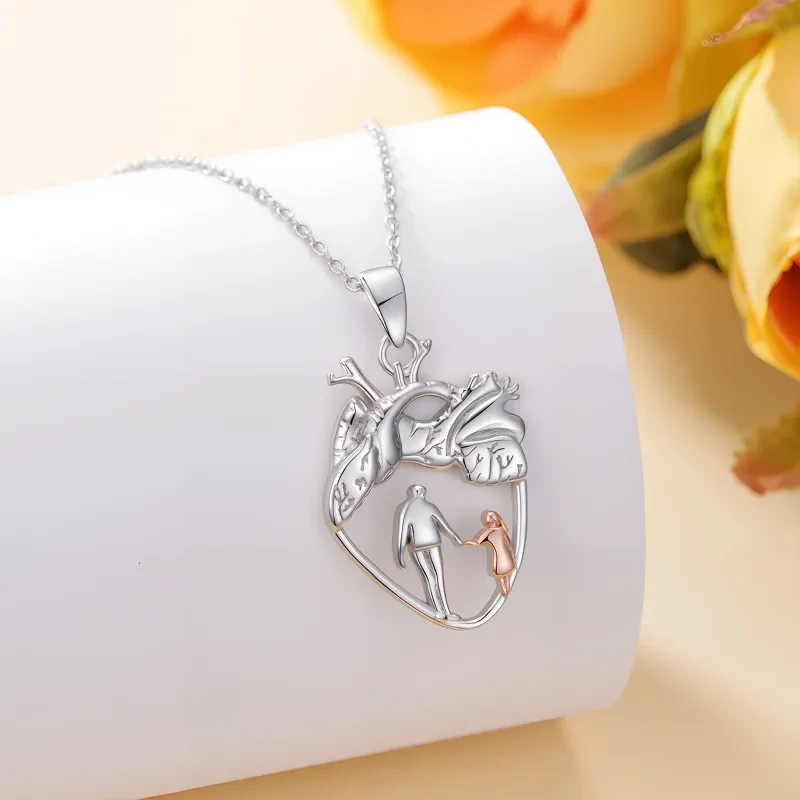 14K Silver & Rose Gold Father & Daughter & Heart Pendant Necklace-3