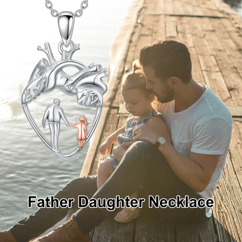 14K Silver & Rose Gold Father & Daughter & Heart Pendant Necklace-4