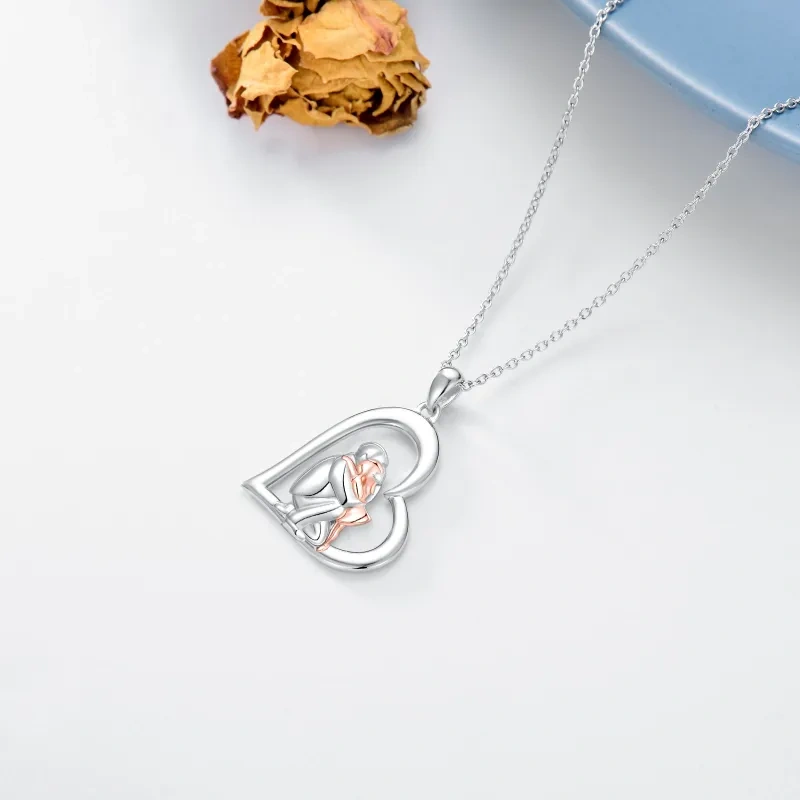 18K Silver & Rose Gold Father & Daughter & Heart Pendant Necklace-3