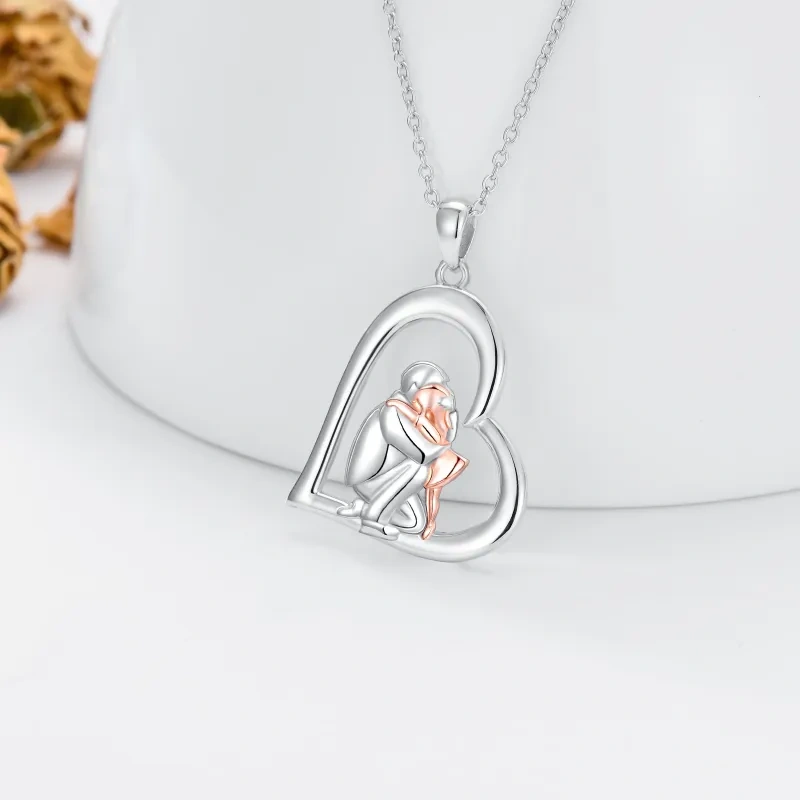 18K Silver & Rose Gold Father & Daughter & Heart Pendant Necklace-4