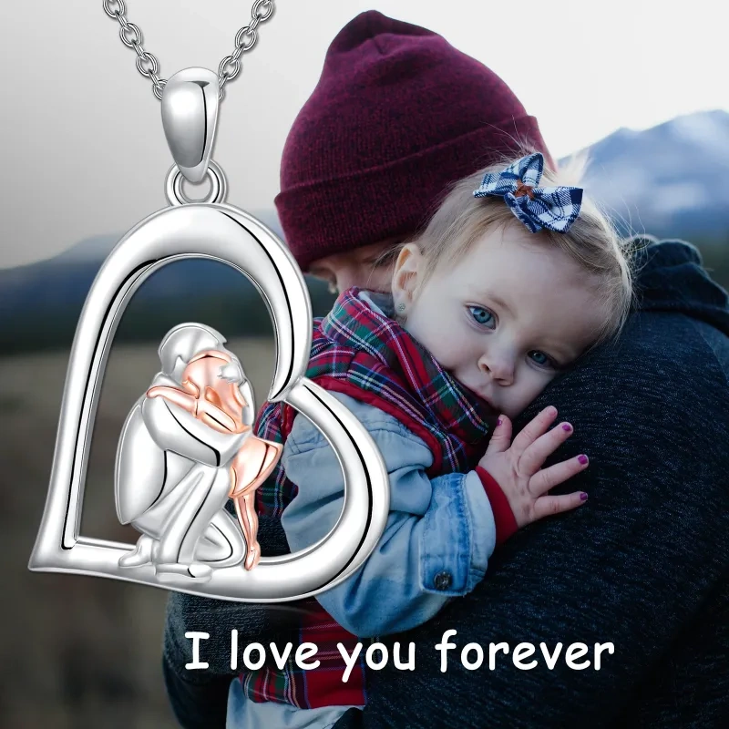18K Silver & Rose Gold Father & Daughter & Heart Pendant Necklace-5