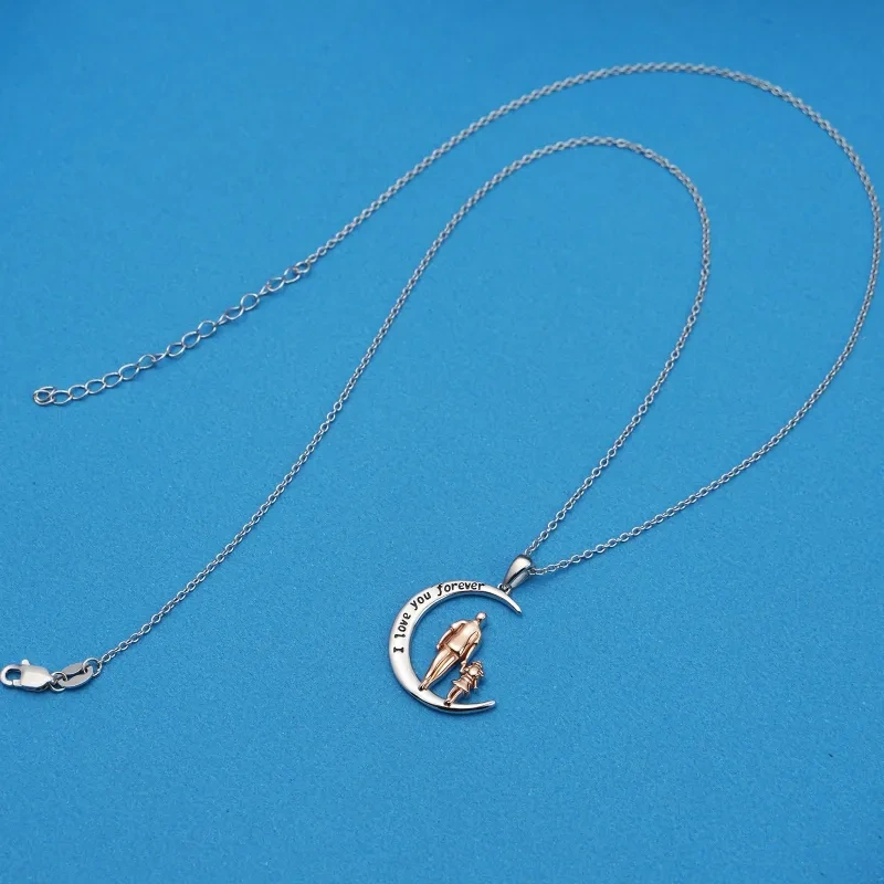 18K Silver & Rose Gold Father & Daughter & Moon Pendant Necklace with Engraved Word-3