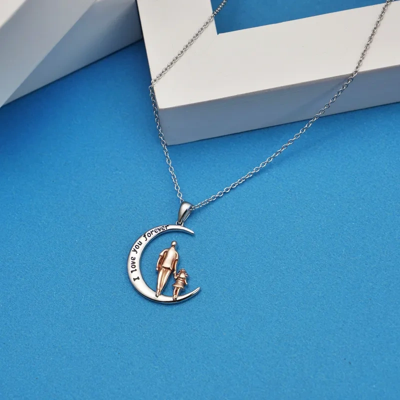 18K Silver & Rose Gold Father & Daughter & Moon Pendant Necklace with Engraved Word-4