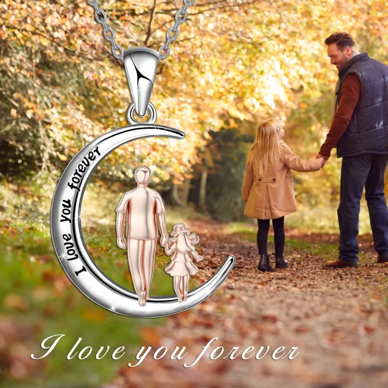 18K Silver & Rose Gold Father & Daughter & Moon Pendant Necklace with Engraved Word-5